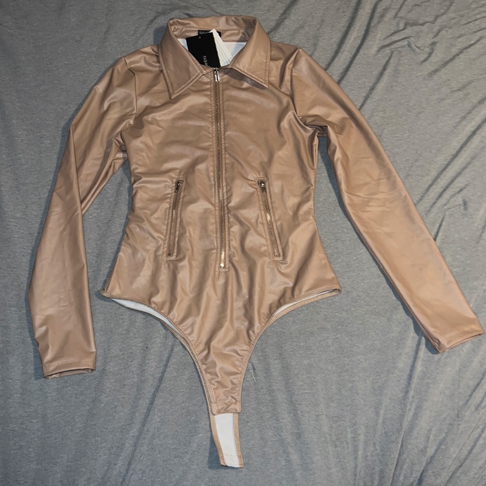 Tan collared faux leather bodysuit